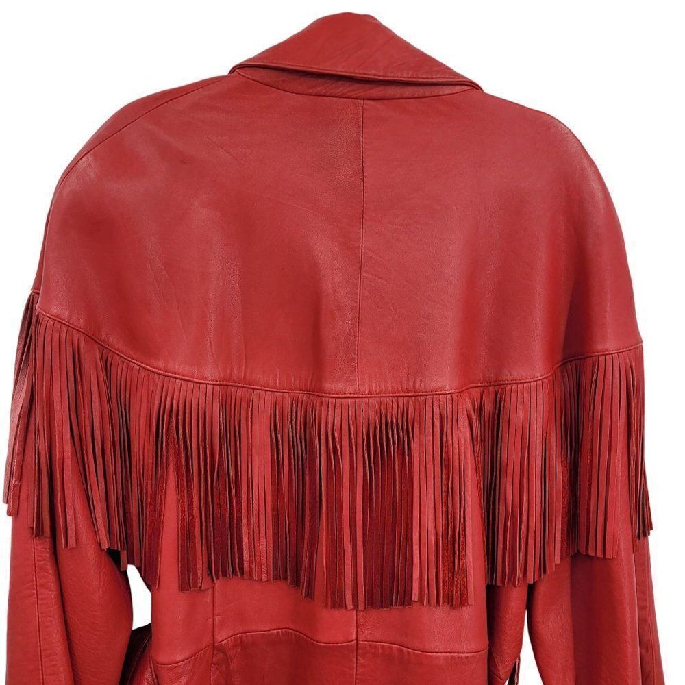 Vintage Leather Fringed Jacket Coat L Red Oversized Belted Rodeo Cowgirl Boho - Picture 16 of 16